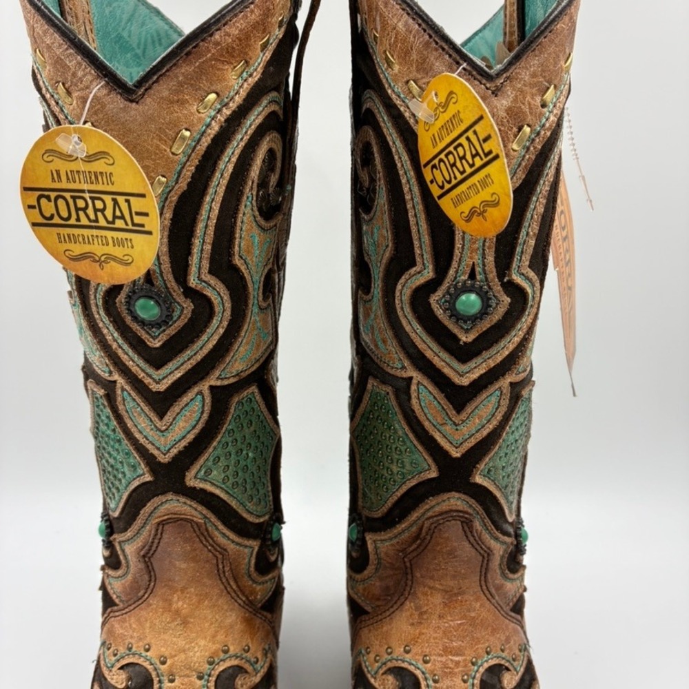 Corral Boots Women's Saddle Brown Teal Leather Inlay Western Snip Toe 6 M - Picture 11 of 16